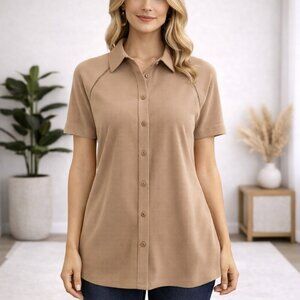 Attitudes by Renee Button Front Ladder Lace Tunic Top Tan XXS